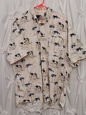 Beige Palm-Print Short-Sleeve Buttondown